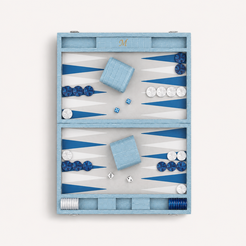 Backgammon Le Signature bleu ciel, coffret ouvert vu de dessus