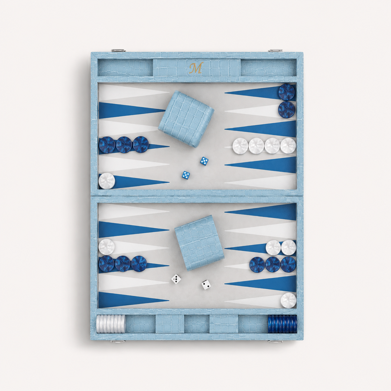 Backgammon Le Signature bleu ciel, coffret ouvert vu de dessus