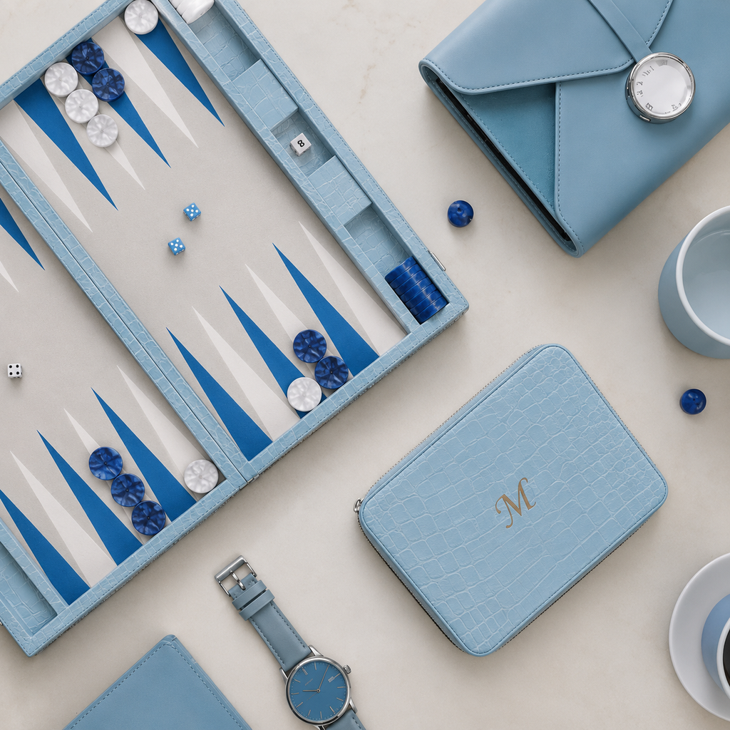 Backgammon Le Signature bleu ciel, mise en scène à plat