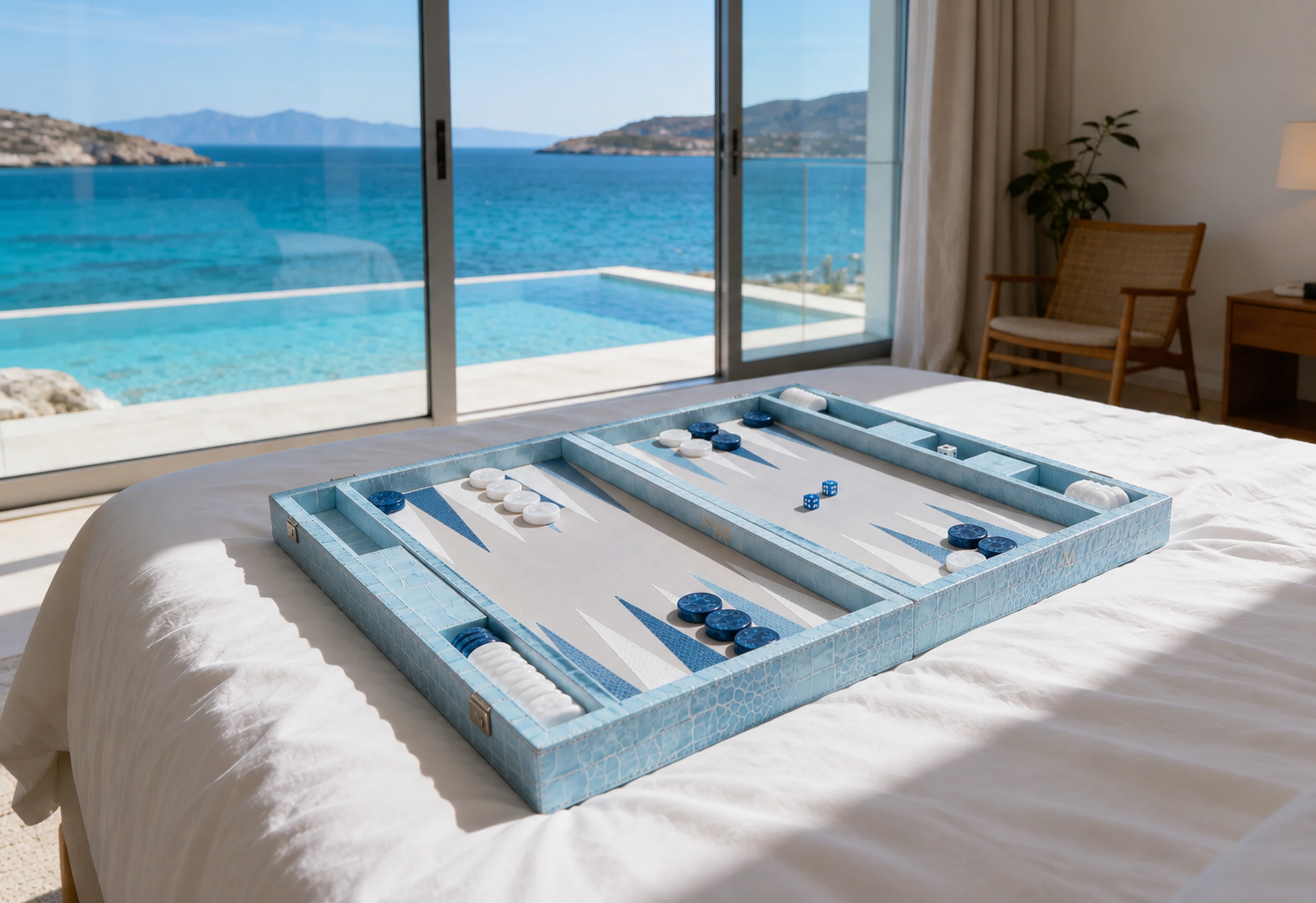 Backgammon Le Signature bleu ciel, mise en scène vue mer