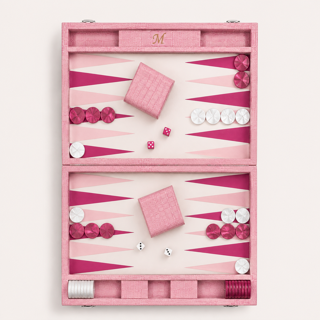 Backgammon Le Signature rose, coffret ouvert vu de dessus
