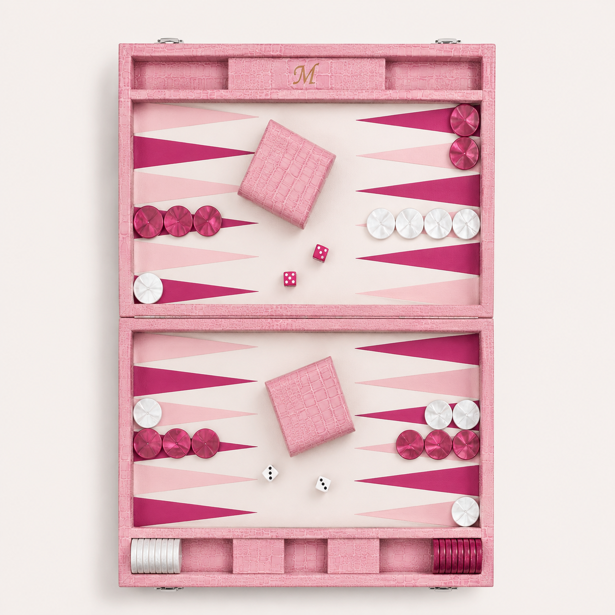 Backgammon Le Signature rose, coffret ouvert vu de dessus