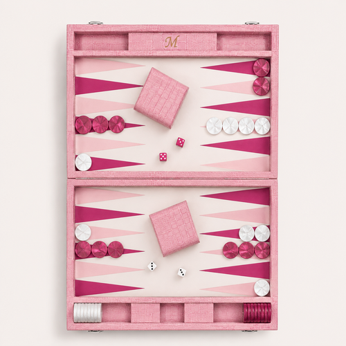 Backgammon Le Signature rose, coffret ouvert vu de dessus